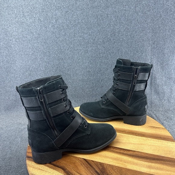 UGG Zia Black Suede Shearling Buckle Strap Waterproof Combat Boots Womens Sz 6.5 - Picture 8 of 10